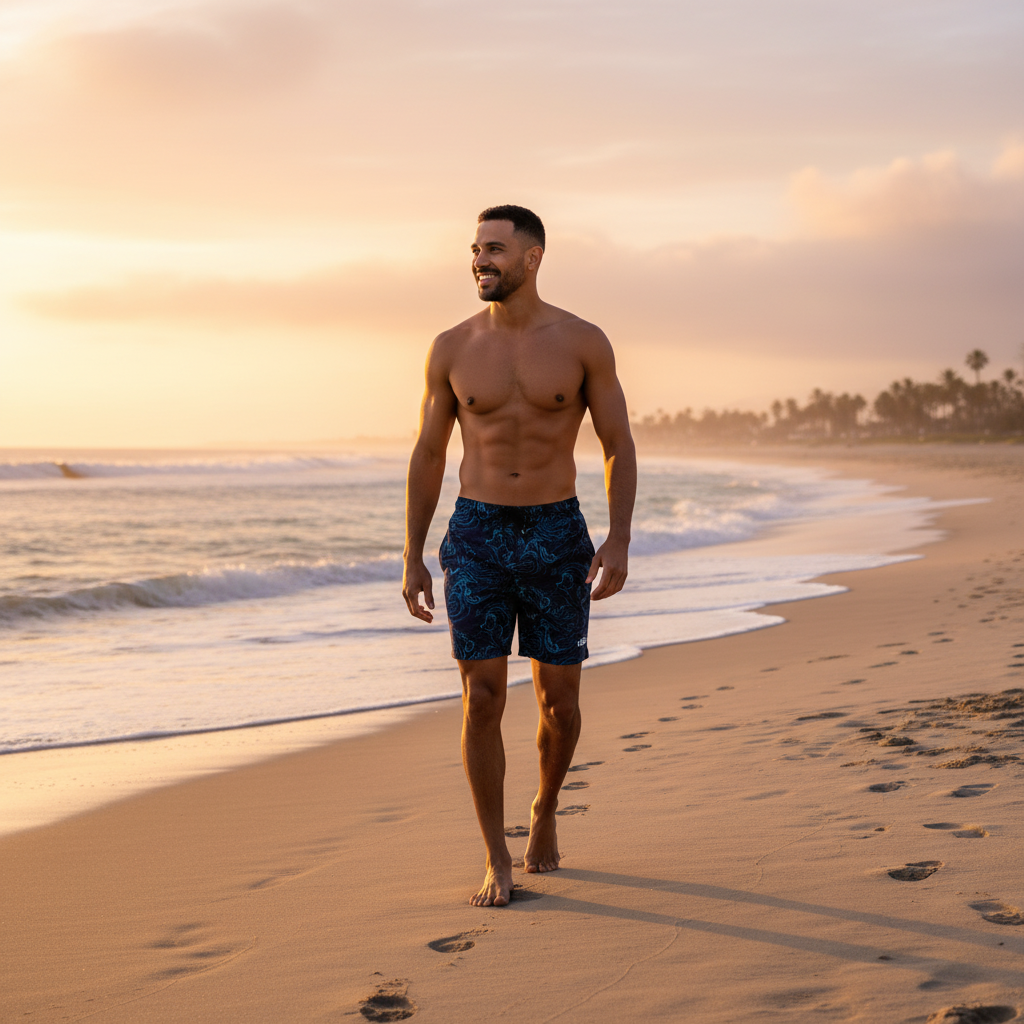 Man wearing deep ocean blue AZUREON swim shorts, walking along an open coastline at sunset, with a confident expression.