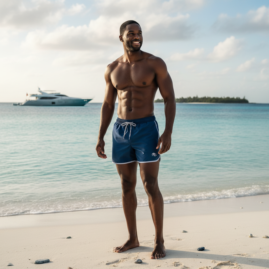 A man wearing AZUREON swim shorts on a tropical beach, exuding confident masculine energy.