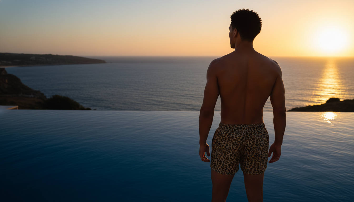 Man from behind, wearing "AZUREON" swim shorts, standing by an infinity pool overlooking the deep ocean at sunset.
